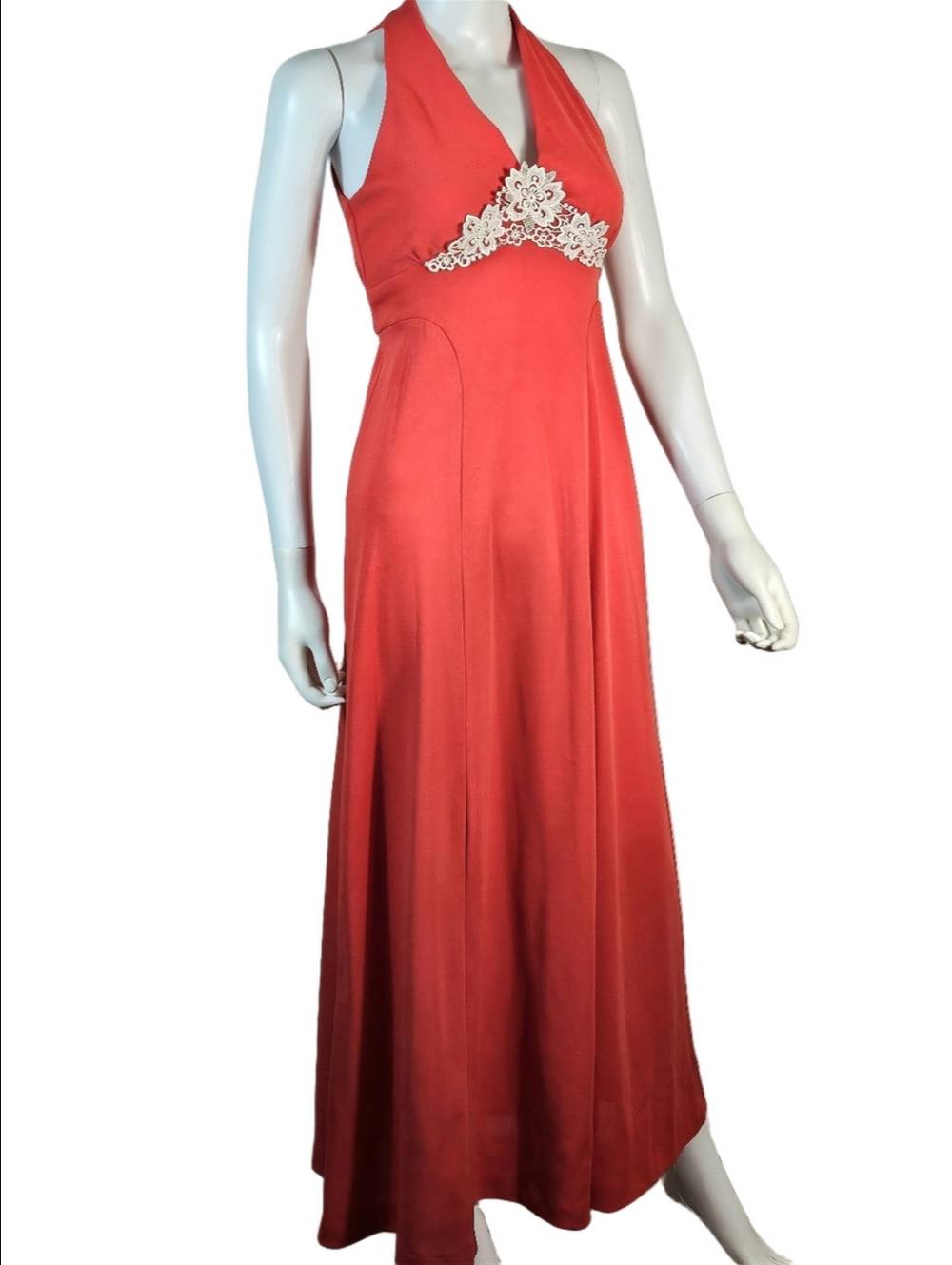 Vintage NWT Knits By Excello Red Halter Embroidered Lace Applique Maxi Dress